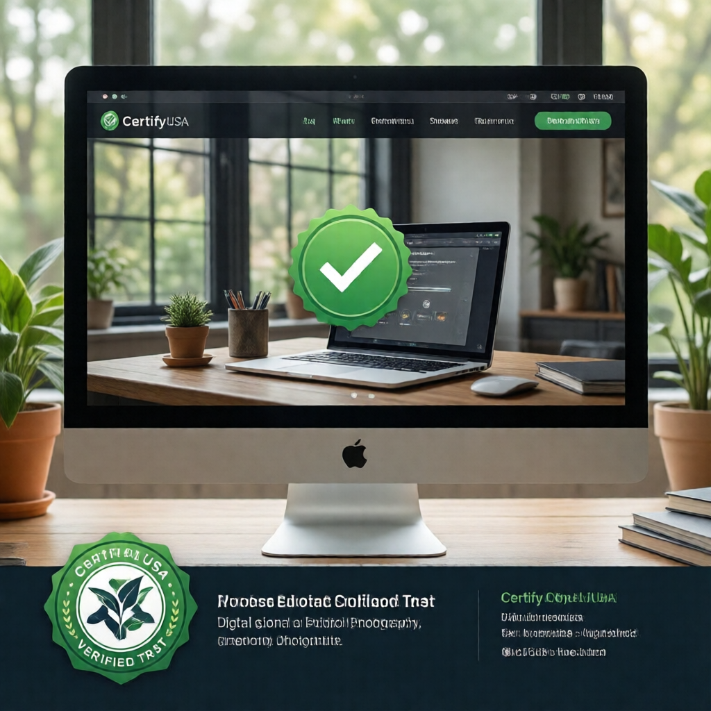 Small business website homepage displaying a CertifyUSA verified trust badge in the footer alongside contact information