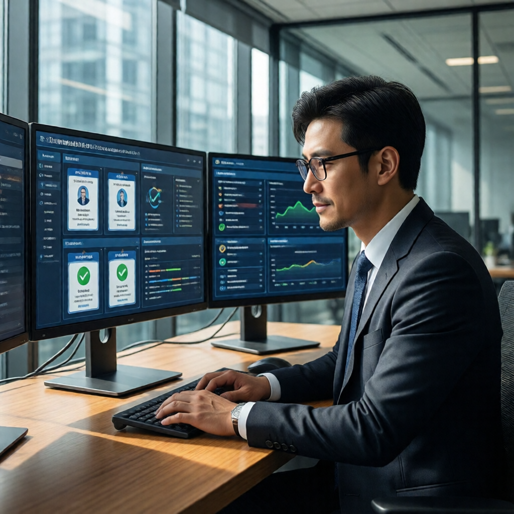 A sharp-eyed HR professional studies a multi-monitor credential verification dashboard in a glass-walled office; verific