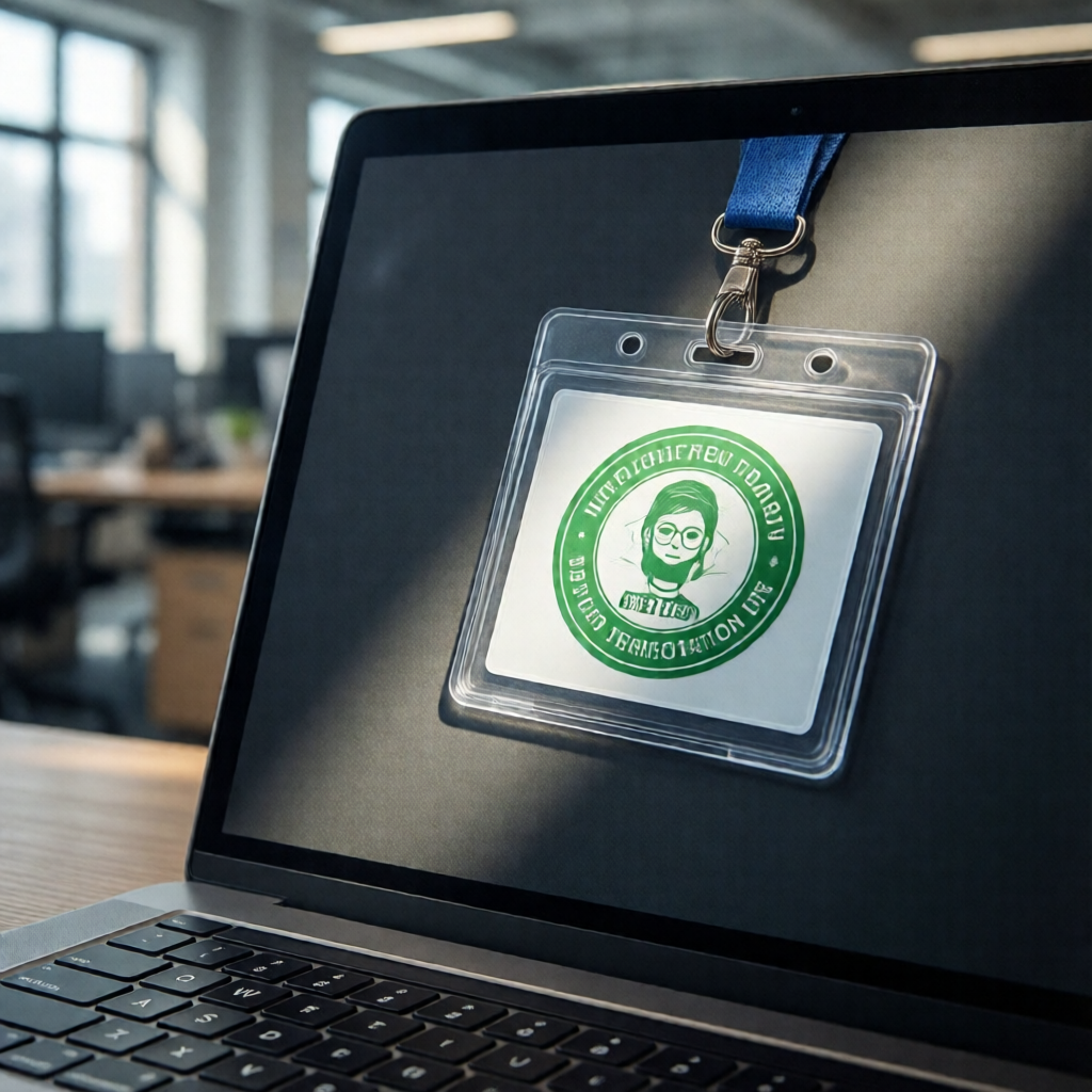 Macro editorial photograph of a tamper-evident digital trust badge and green verification seal rendered on a laptop scre