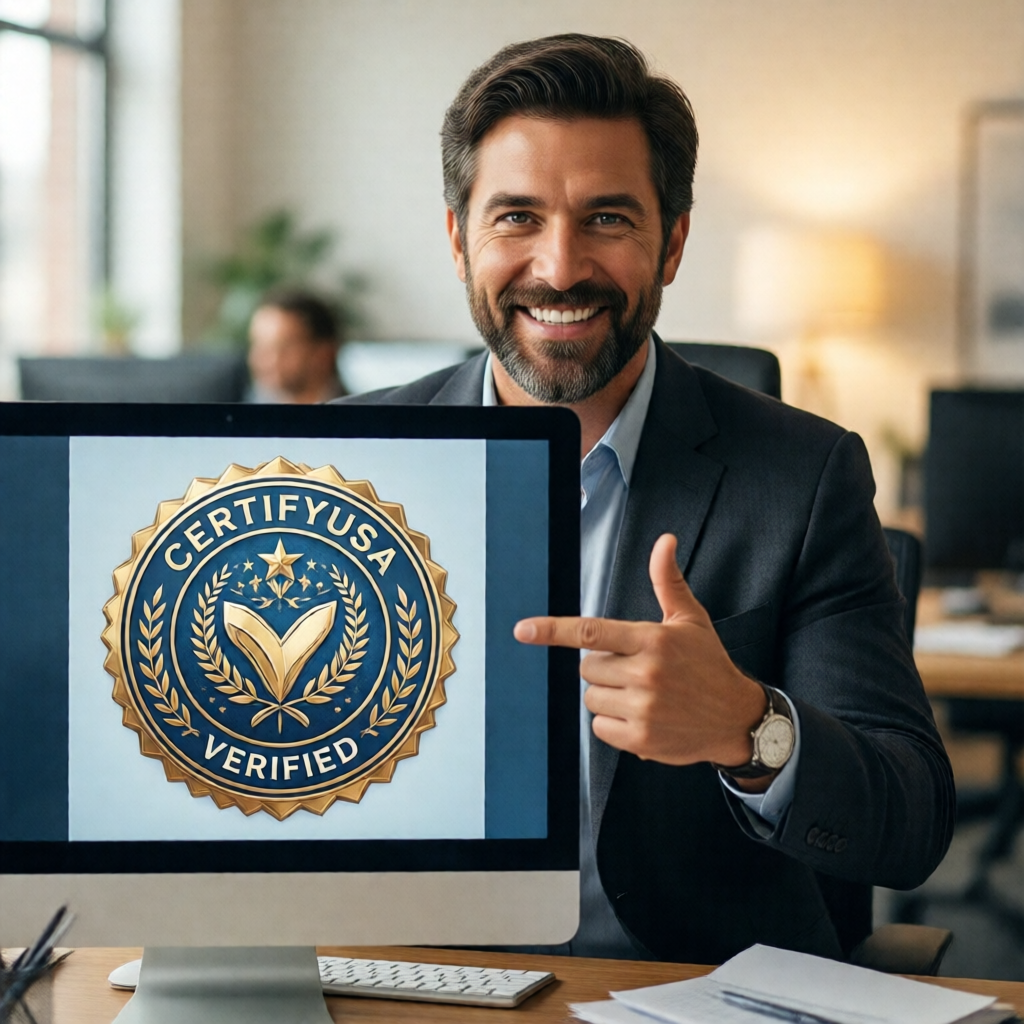 A confident business owner points to a CertifyUSA verified trust badge displayed prominently on a desktop monitor in a b