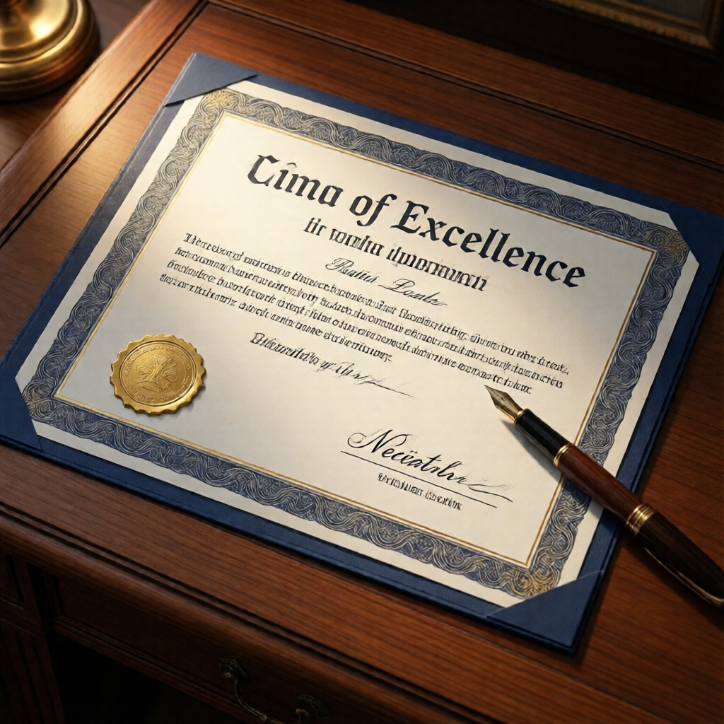 Overhead editorial shot of a printed certificate of excellence resting on a polished mahogany desk — navy border, emboss