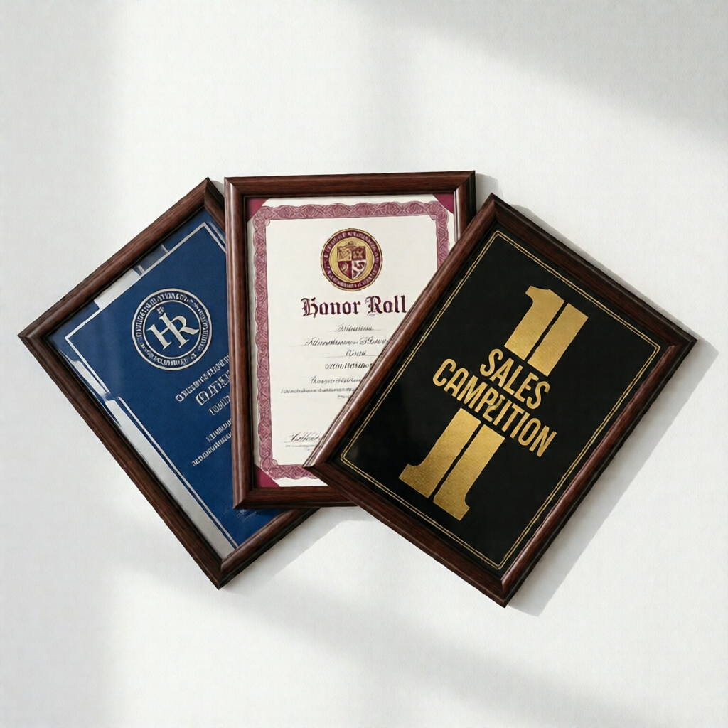 Three framed certificates of excellence fanned out against a clean white wall — left shows a corporate blue-and-silver H
