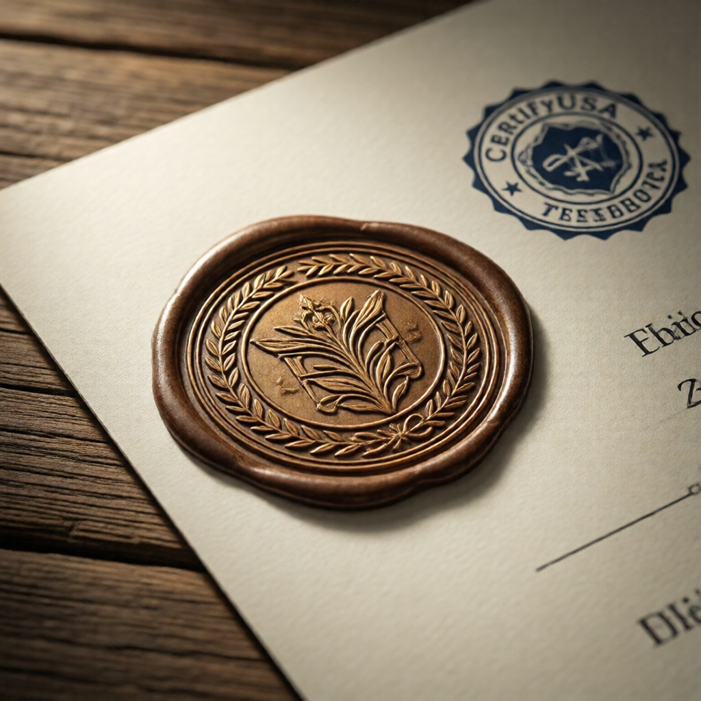 Extreme close-up of a round embossed seal being pressed into ivory certificate paper — the impression catches raking sid
