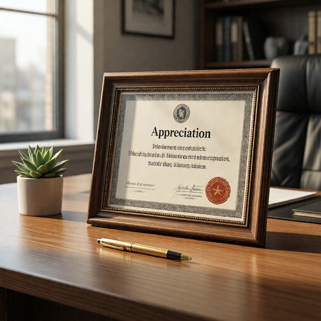 A framed certificate of appreciation centered on a clean oak executive desk beside a gold pen and a small succulent, aft