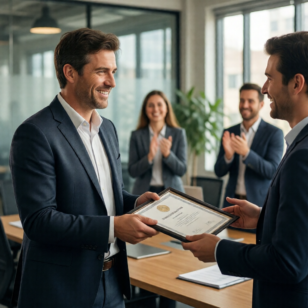 A mid-40s manager in a navy blazer handing a framed certificate to a beaming employee in a glass-walled conference room,