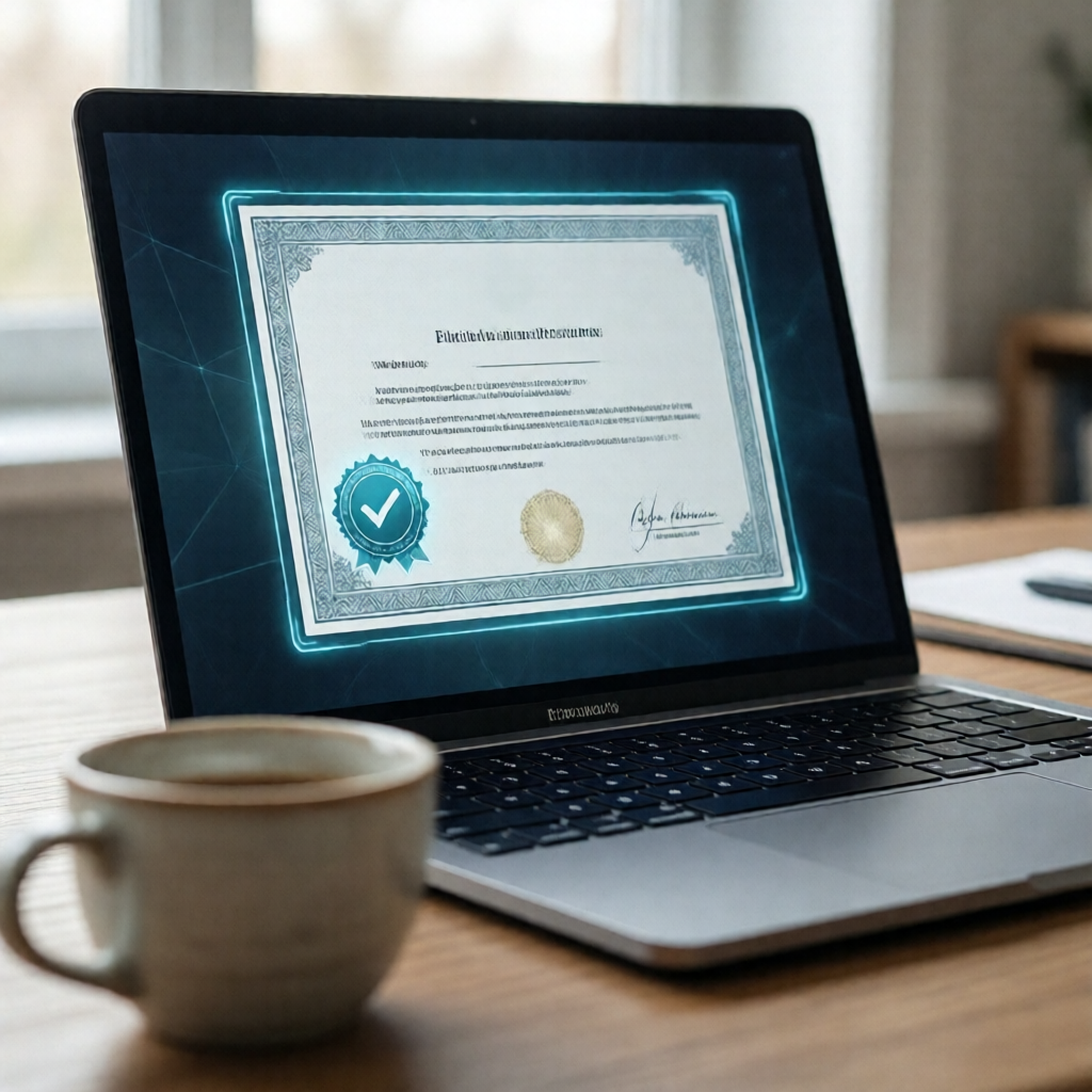 Close-up of a MacBook Pro screen displaying a polished digital certificate with a glowing teal verification badge, a cer