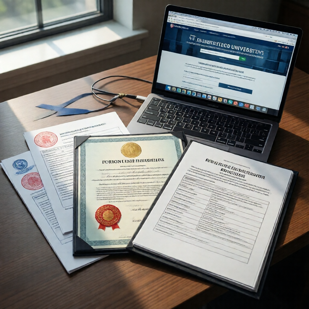 Editorial overhead shot of a professional desk — translated university transcripts, a foreign diploma bearing an embosse
