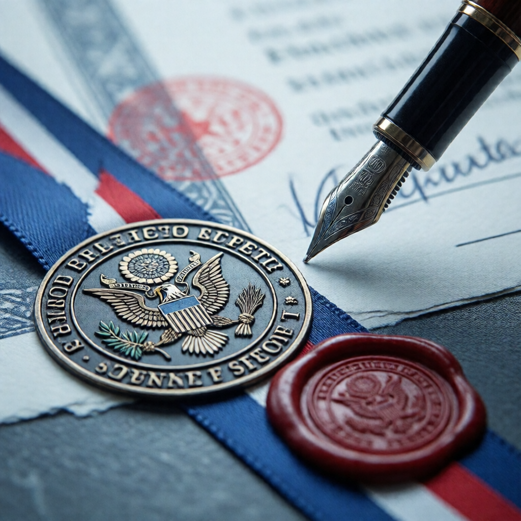 Macro editorial photograph of an apostille certificate — the government's embossed seal in sharp focus, official ribbons