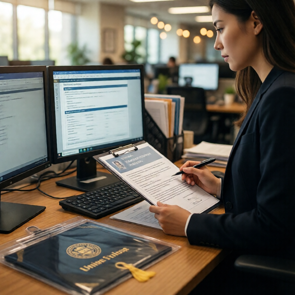 Tight editorial frame of a female HR director at a standing desk — a printed credential evaluation report open beside du