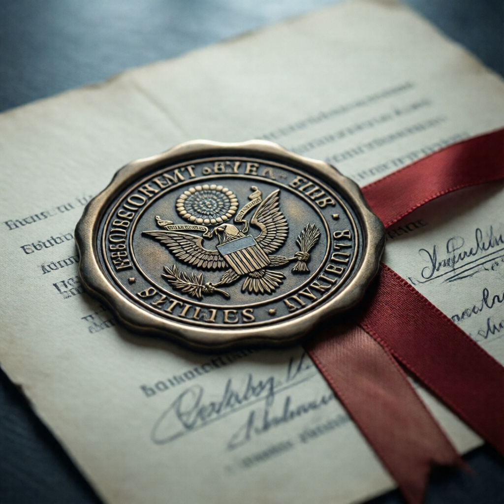 A dramatic close-up of an embossed government apostille seal pressed onto cream-colored official paper, with authenticat