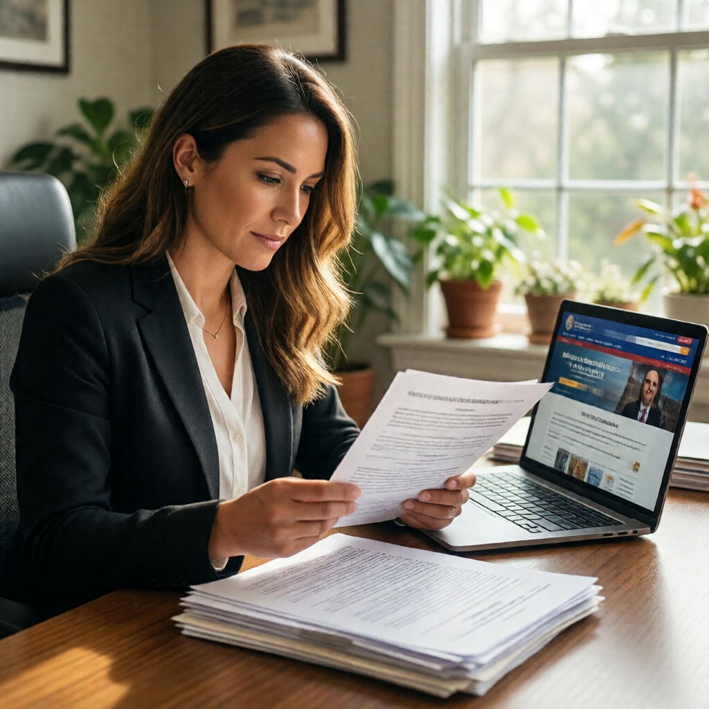 A professional woman at a sunlit home office desk, reviewing a stack of official government documents beside an open lap