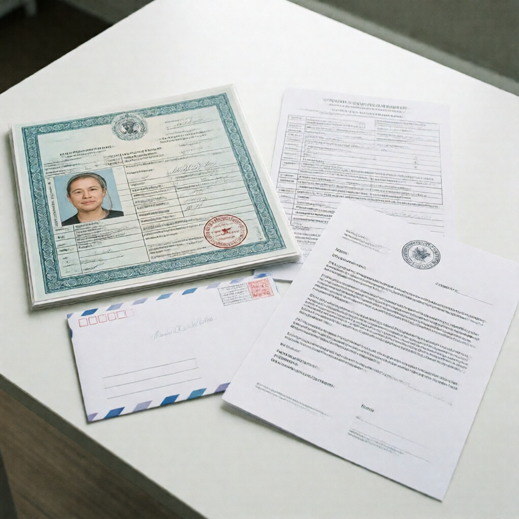 Overhead flat lay of a complete apostille submission packet on a clean white desk — certified birth certificate, apostil