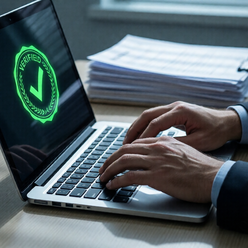 Close-up editorial photograph of a hiring manager's hands hovering over a laptop keyboard, a glowing green "Verified" se