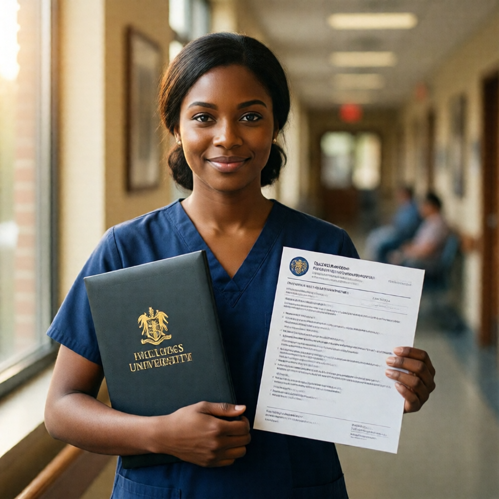 Portrait-style editorial photograph of a foreign-trained nurse in scrubs holding a Lagos university diploma beside a WES