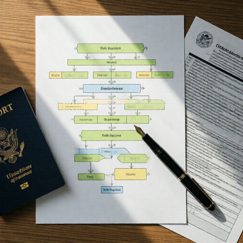 Overhead editorial flat-lay photograph of a printed credential decision flowchart on white paper, a Mont Blanc pen point