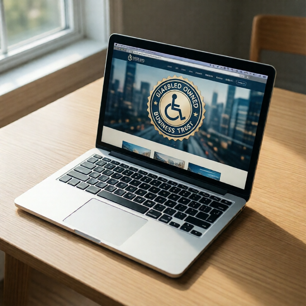 Overhead editorial shot of an open MacBook on a light oak desk displaying a polished small-business homepage — a bold di