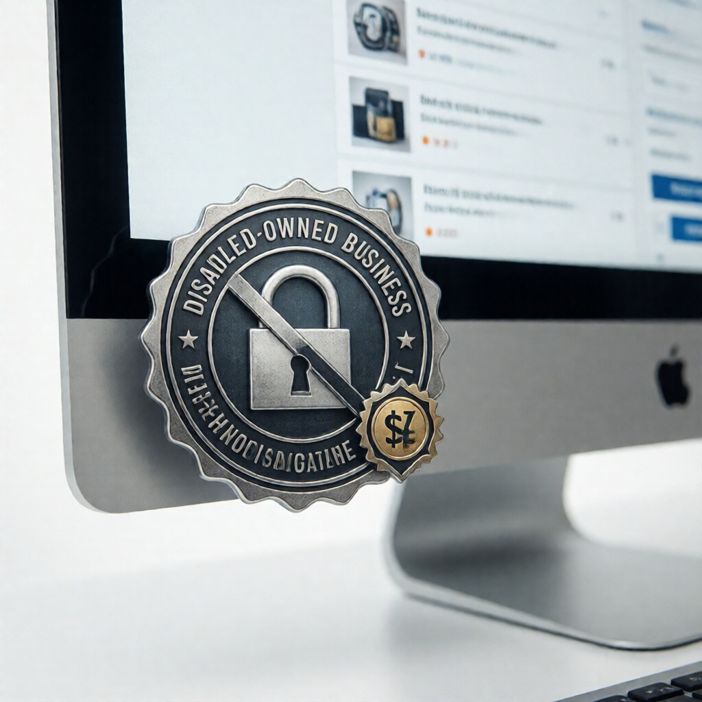 Tight macro shot of a desktop monitor showing an e-commerce checkout page — a circular disabled-owned business badge sea