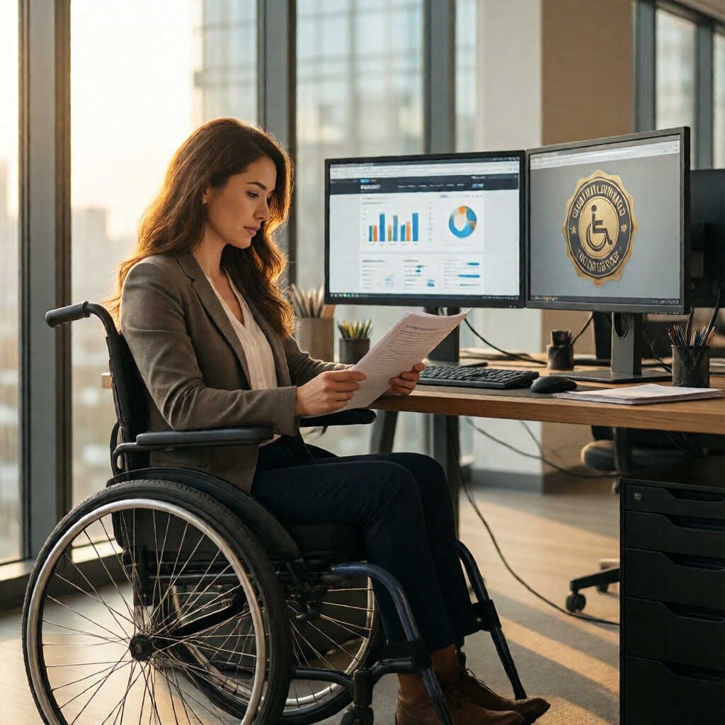 Portrait of a confident business owner — a mid-30s woman using a power wheelchair, bathed in warm afternoon light from f