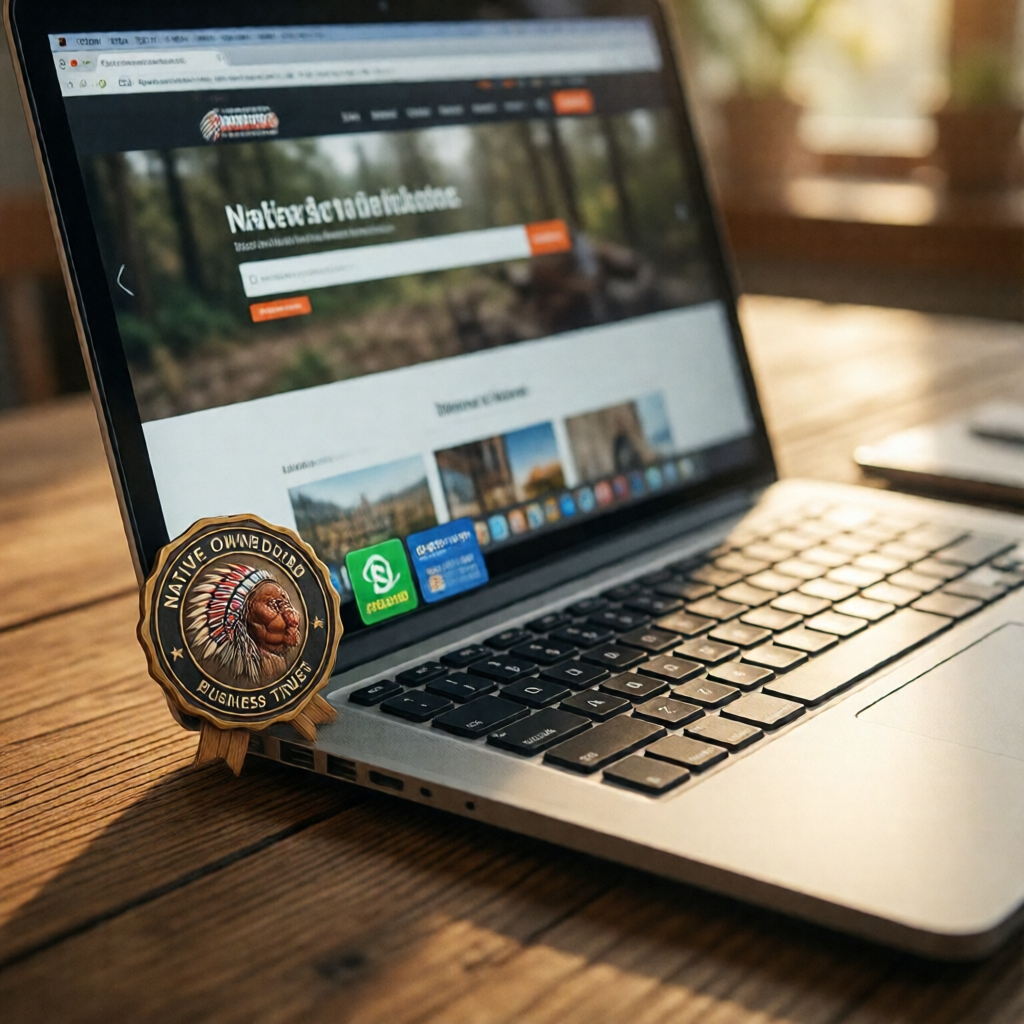 Editorial close-up of a laptop displaying a polished e-commerce homepage, a Native American owned business trust badge a