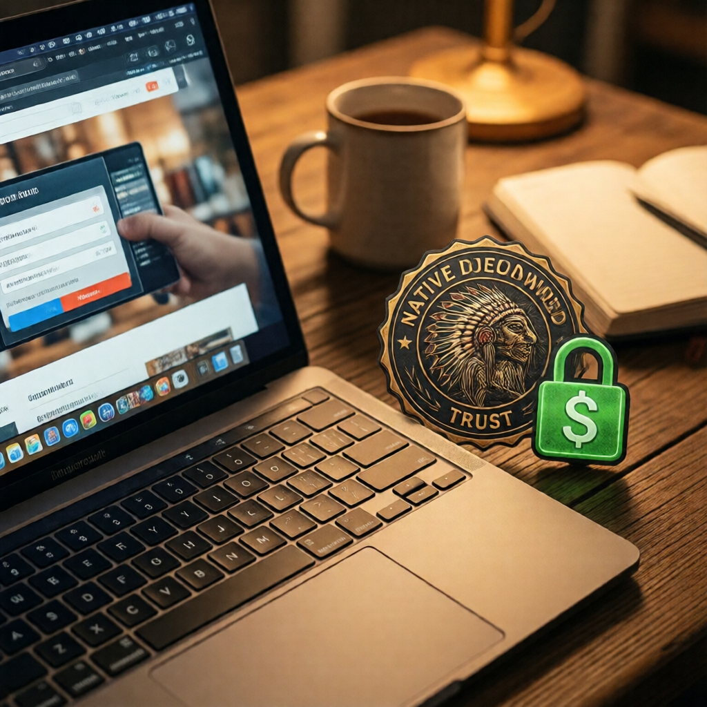 Overhead editorial shot of a MacBook at a checkout page, Native American owned business trust badge positioned beside a