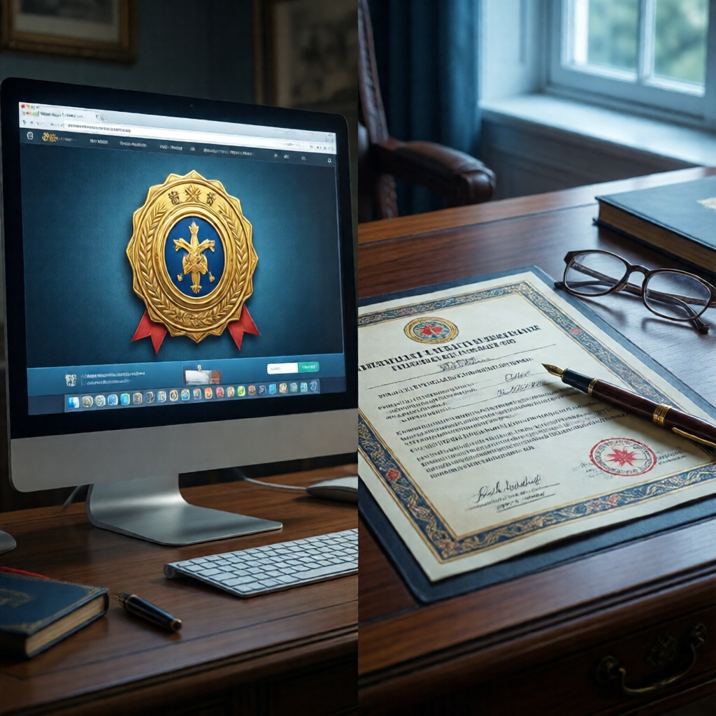 Split-frame editorial photograph — left half: a glowing monitor showing a trust badge on a product page; right half: an