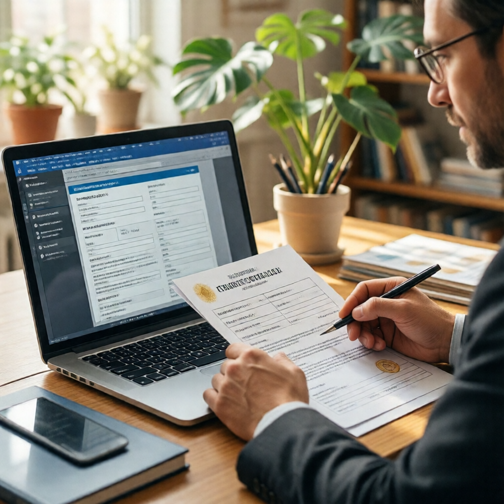 Business owner at a bright home office desk submitting certification documents on a laptop, digital forms visible on scr