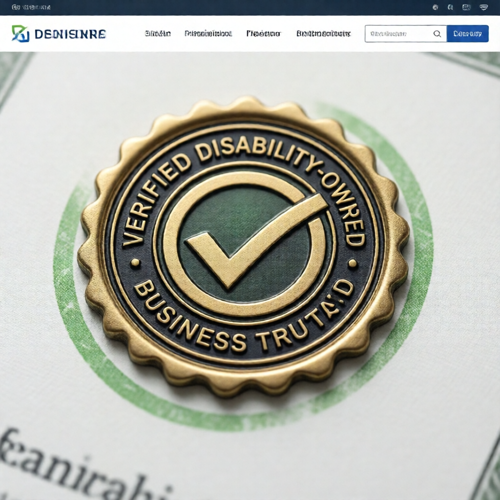 Close-up of a verified disability-owned business trust badge certificate displayed on a modern business website homepage