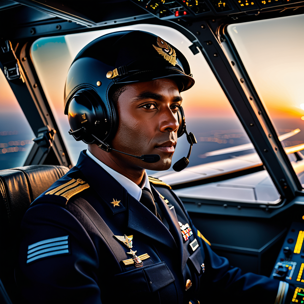 Seasoned commercial pilot in a dark navy uniform seated in a wide-body cockpit at dusk, low golden light raking through 