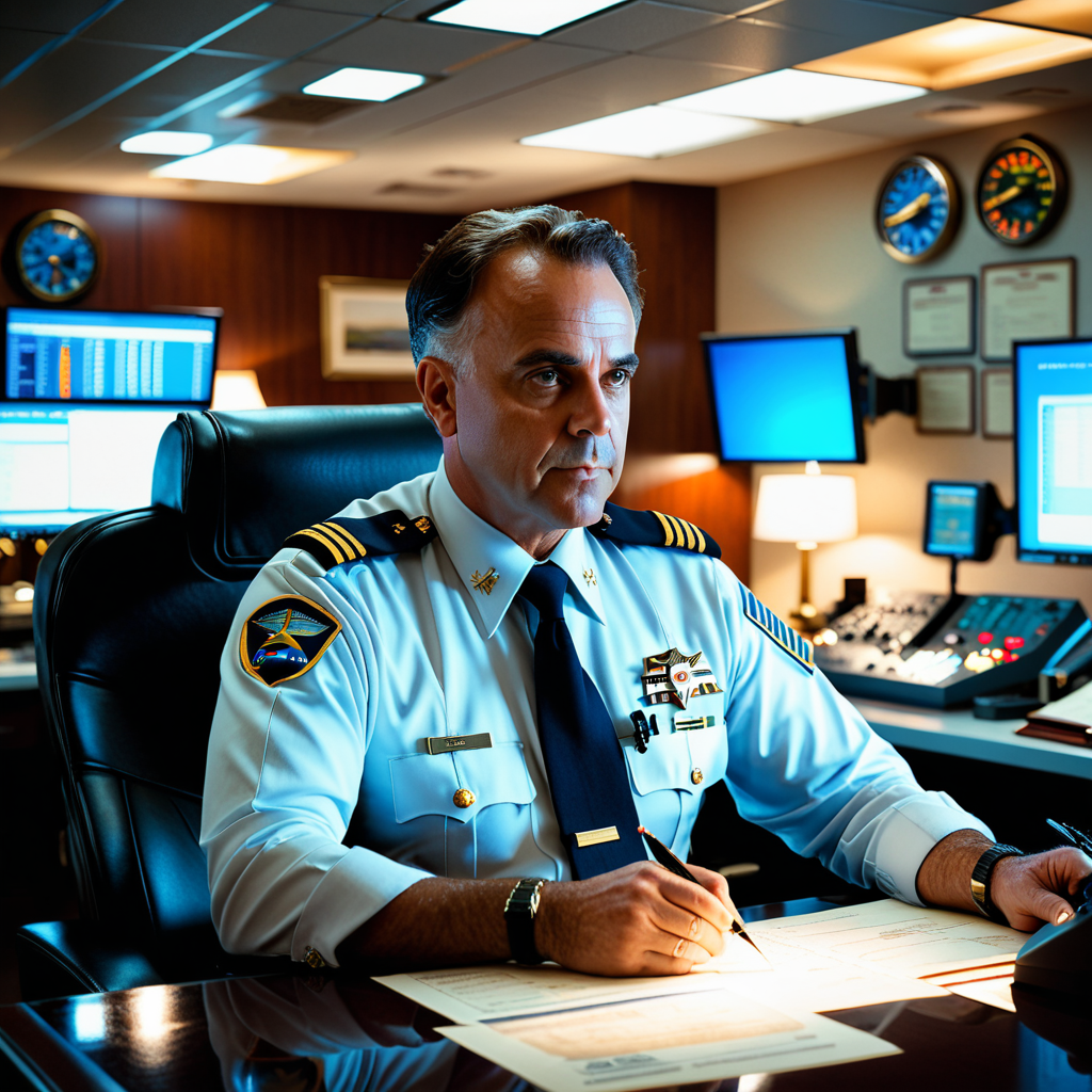 Corporate chief pilot seated at a flight department operations desk under warm directional lamp light, reviewing an FAA 