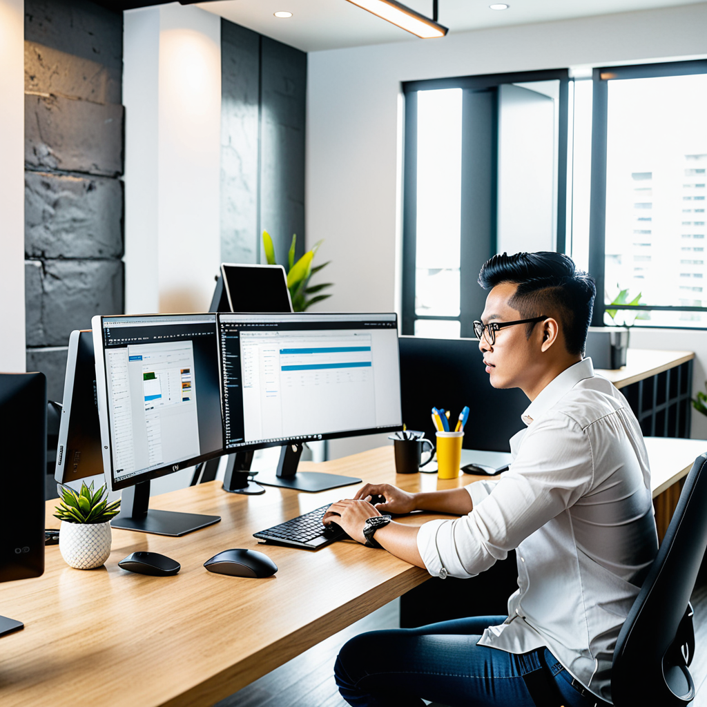 Filipino content writer working at a bright modern desk in a Manila co-working space, dual monitors showing a WordPress 