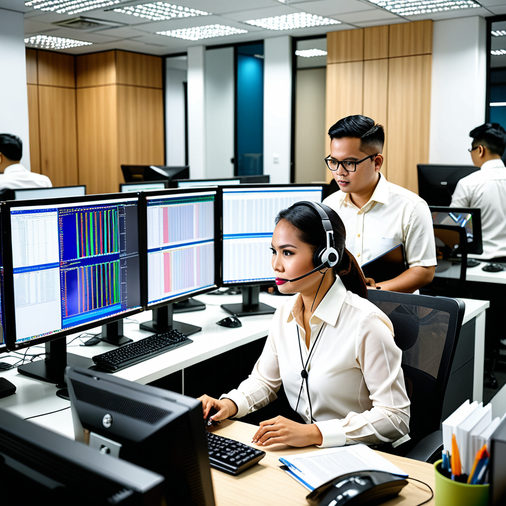 Filipino data annotators working at desktop computers in a modern Manila BPO office, reviewing AI-generated text on dual
