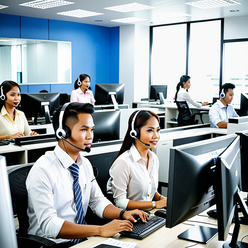Filipino customer support agents working in a modern, well-lit BPO office in Cebu, Philippines — multiple monitors showi