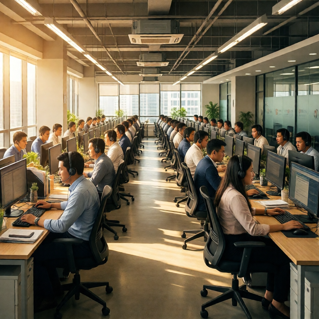 Wide-angle editorial shot of a sunlit open-plan BPO office in Bonifacio Global City, Manila — rows of Filipino customer 