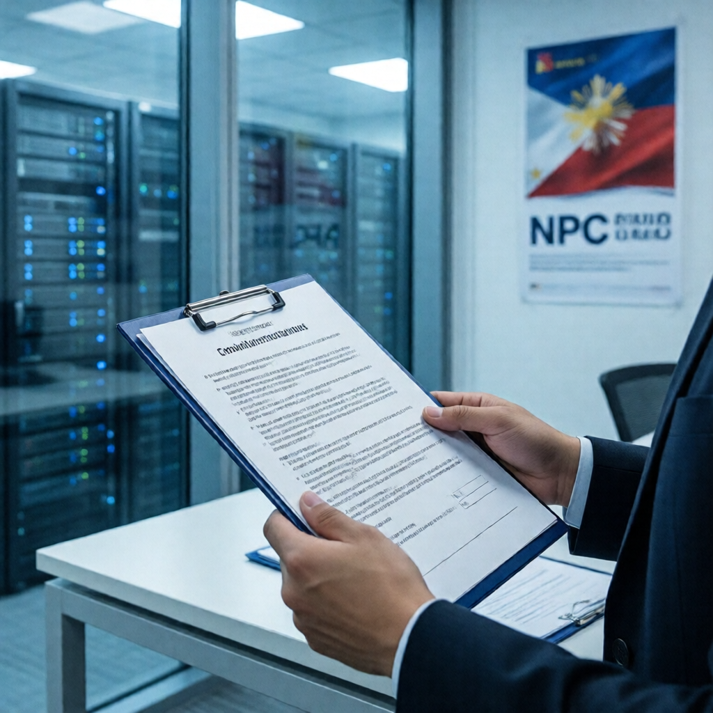Close-up editorial shot of a compliance officer's hands reviewing a data privacy agreement at a standing desk inside a g