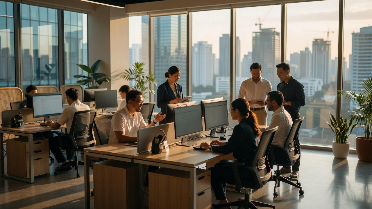 Filipino professionals collaborating in a modern Manila BPO office with a city skyline
