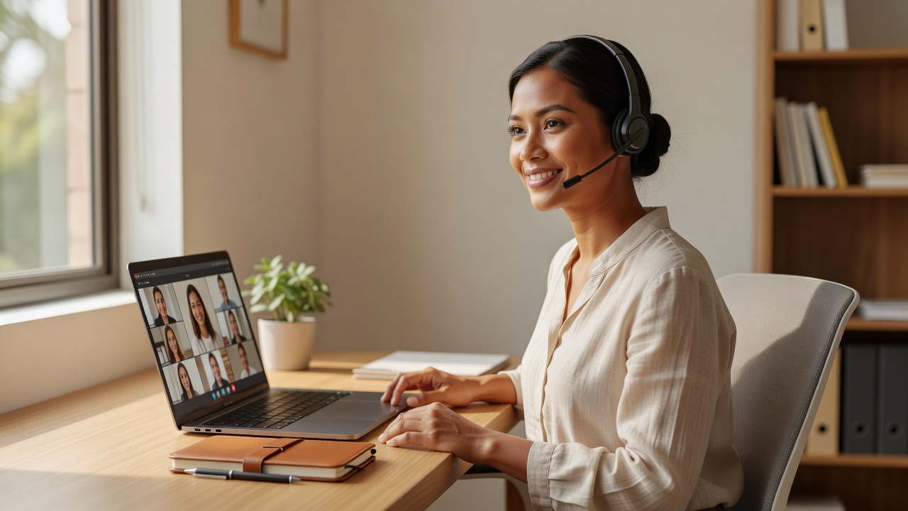 Filipino virtual assistant on a video call at a tidy home-office desk with a headset
