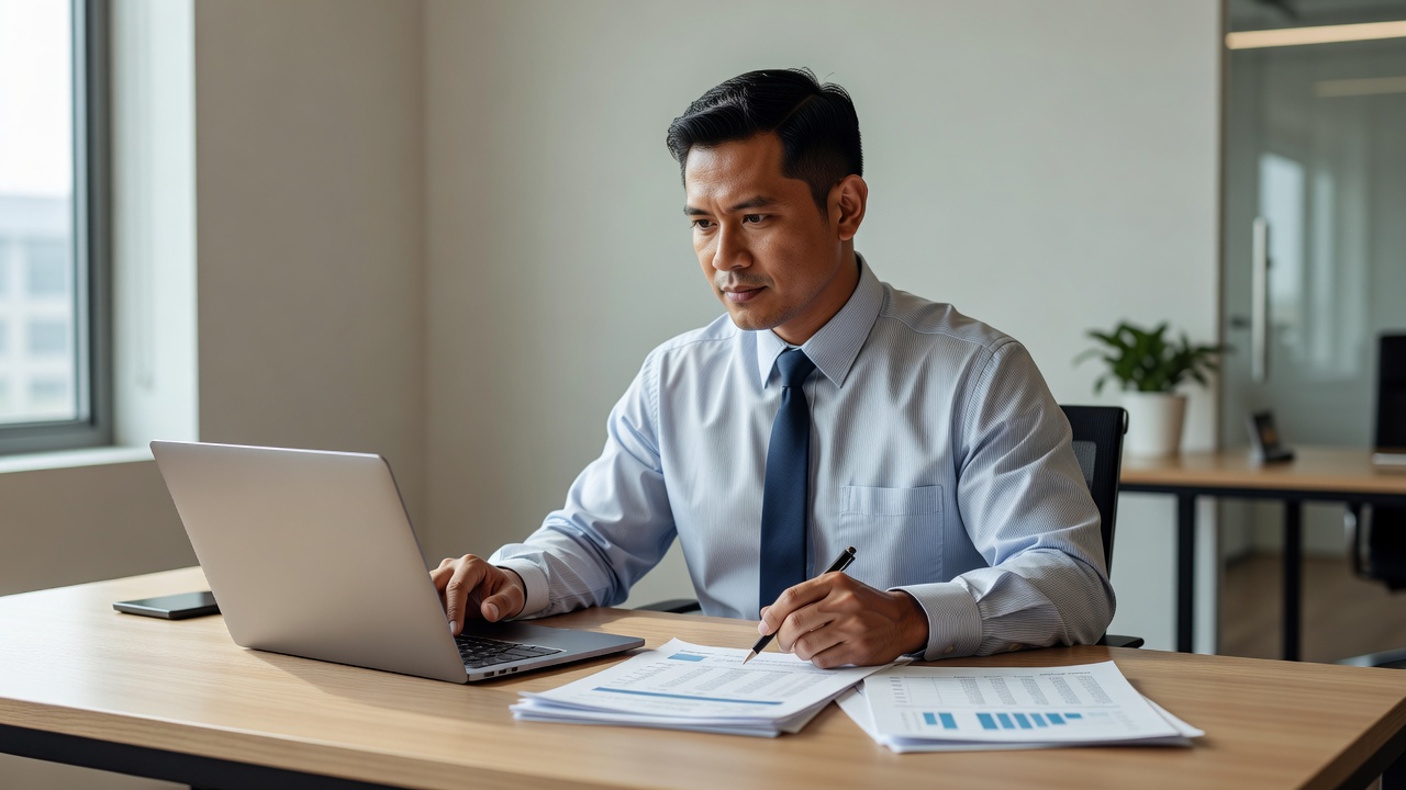 A focused Filipino accountant working at a modern office desk