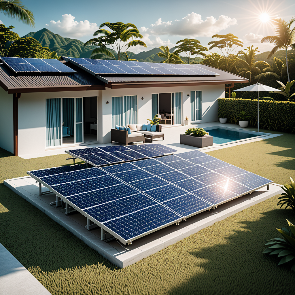 Split-scene editorial photograph of two modern Filipino homes side by side β one with rooftop solar panels only, one wit