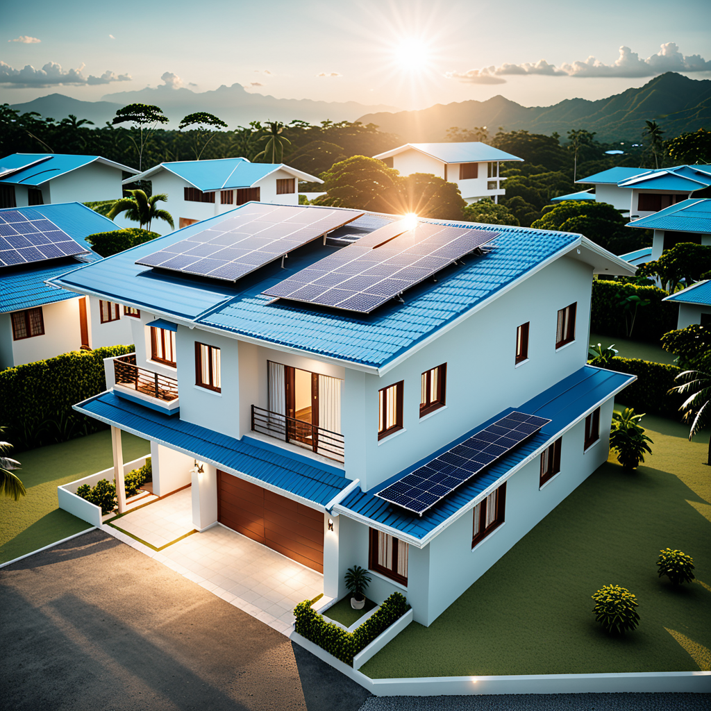Aerial editorial photograph of a sleek 8kW monocrystalline panel array blanketing the terra-cotta roof of a two-storey M