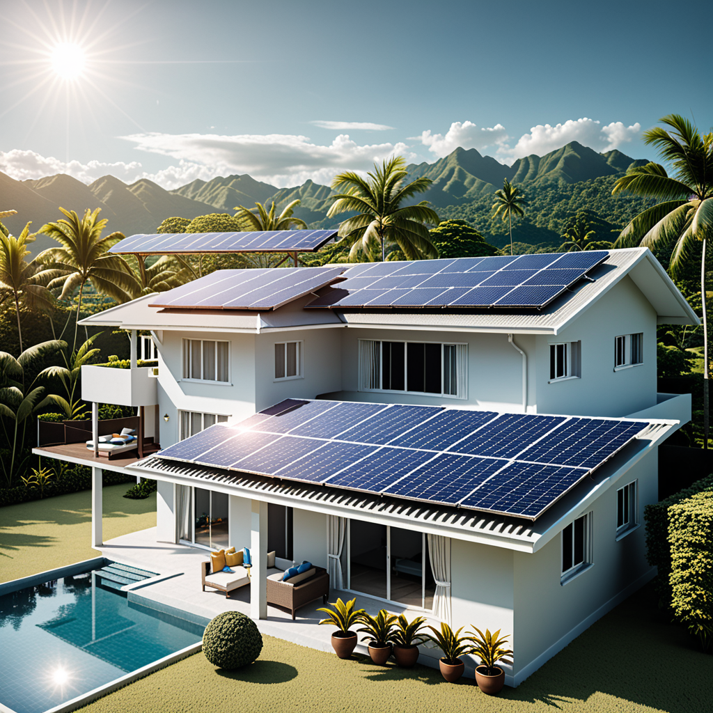 Filipino solar installation crew in yellow hard hats and safety harnesses mounting gleaming monocrystalline panels onto
