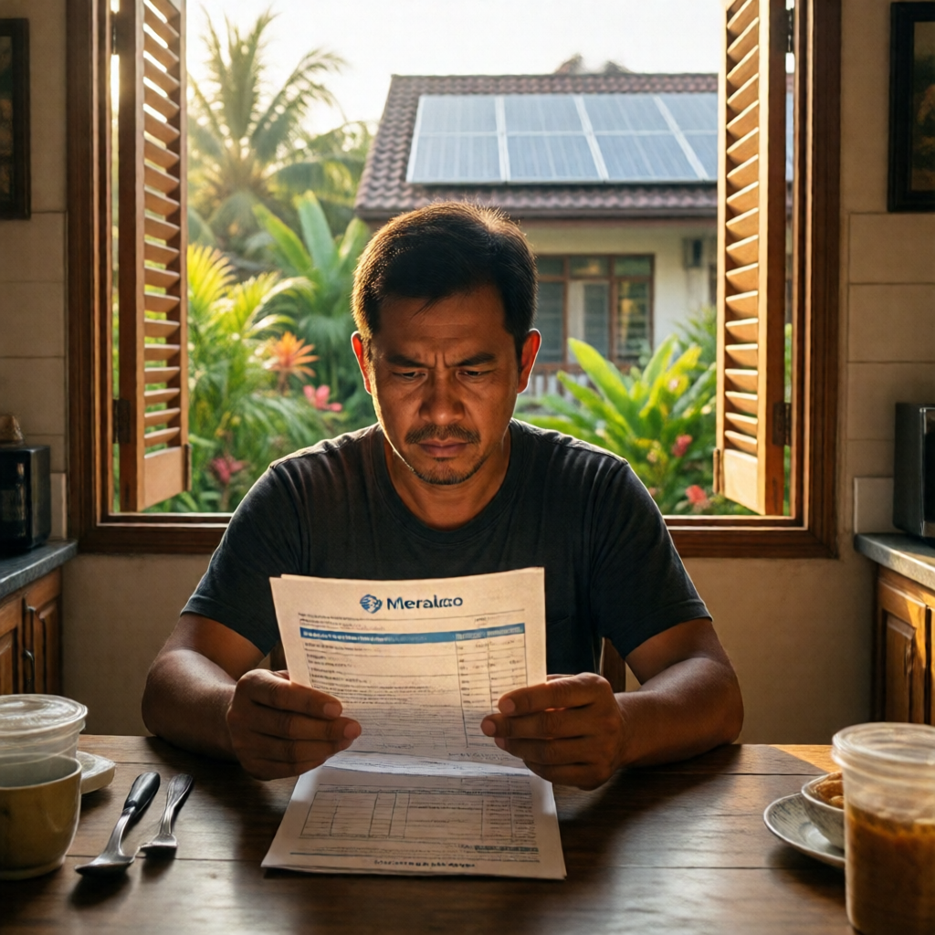 A Filipino homeowner at a sunlit kitchen table, reading a Meralco electricity bill with a furrowed brow, warm morning li