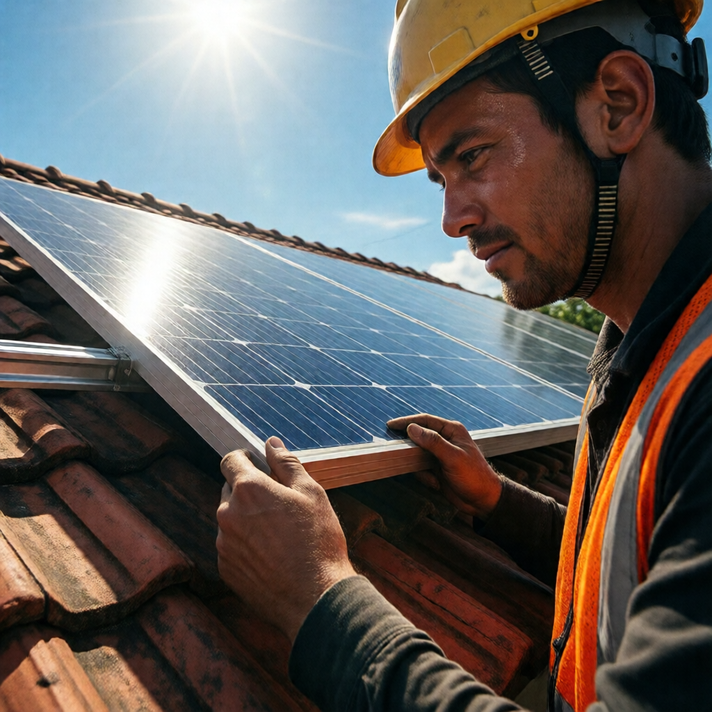 Close-up editorial shot of a professional solar installer in a hard hat and high-visibility vest mounting a monocrystall