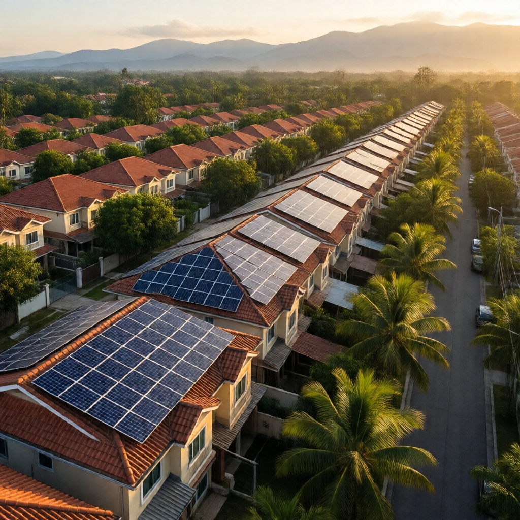 Sweeping aerial-style wide shot over a Philippine subdivision at golden hour — rows of terracotta-roofed homes, several