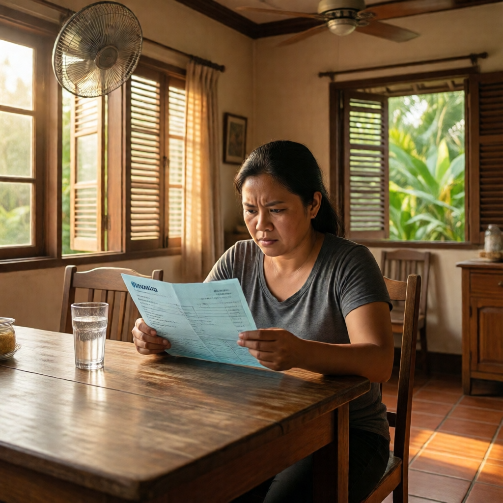 A Filipino homeowner in her mid-30s sits at a worn wooden kitchen table in a sun-flooded tropical home, reading a pale-b
