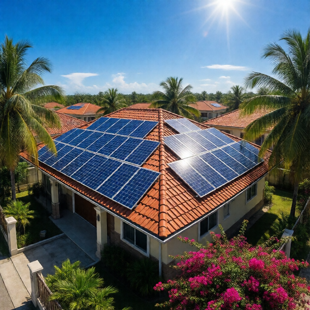 Aerial drone shot of a 400-square-meter Philippine subdivision home with 16 monocrystalline solar panels flush-mounted o