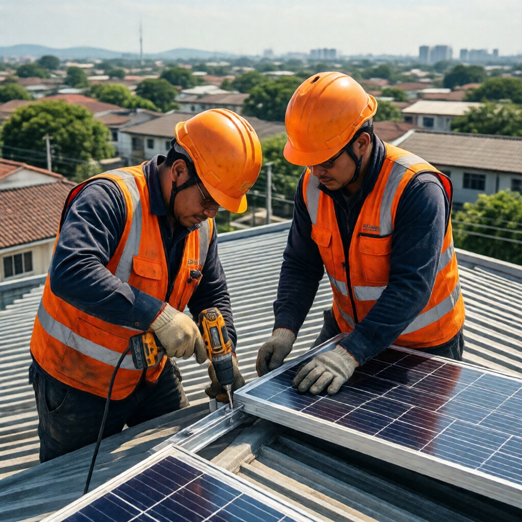 Two Filipino solar technicians in bright orange safety vests and helmets work in tandem on a residential rooftop β one p