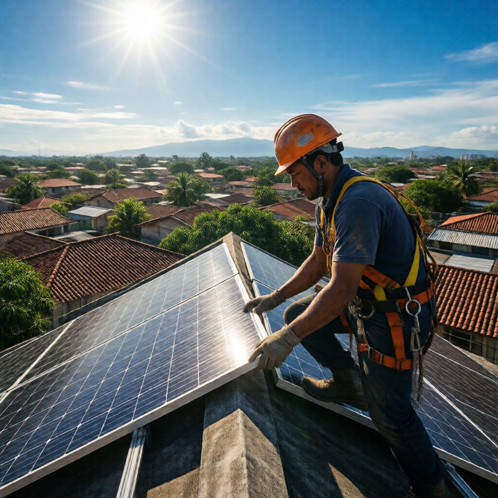 Editorial close-up of a Filipino solar technician in a hard hat and safety harness securing a 440W monocrystalline panel