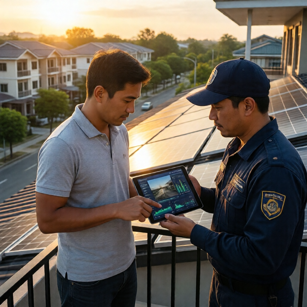 A Filipino homeowner in a clean polo shirt stands on a sun-drenched rooftop terrace with a uniformed installer, both stu