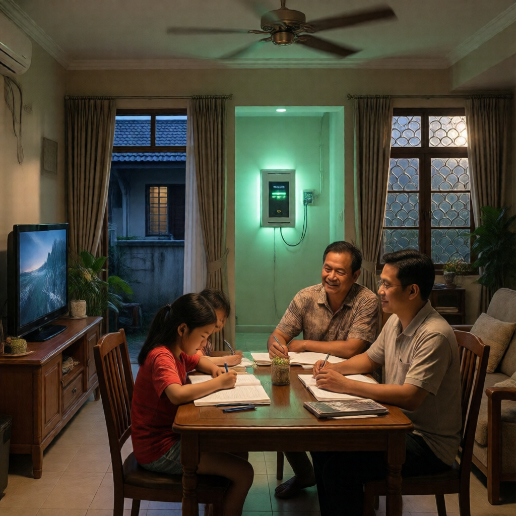 A Filipino family of four gathered in a warmly lit living room β ceiling fan spinning, television on, children doing hom
