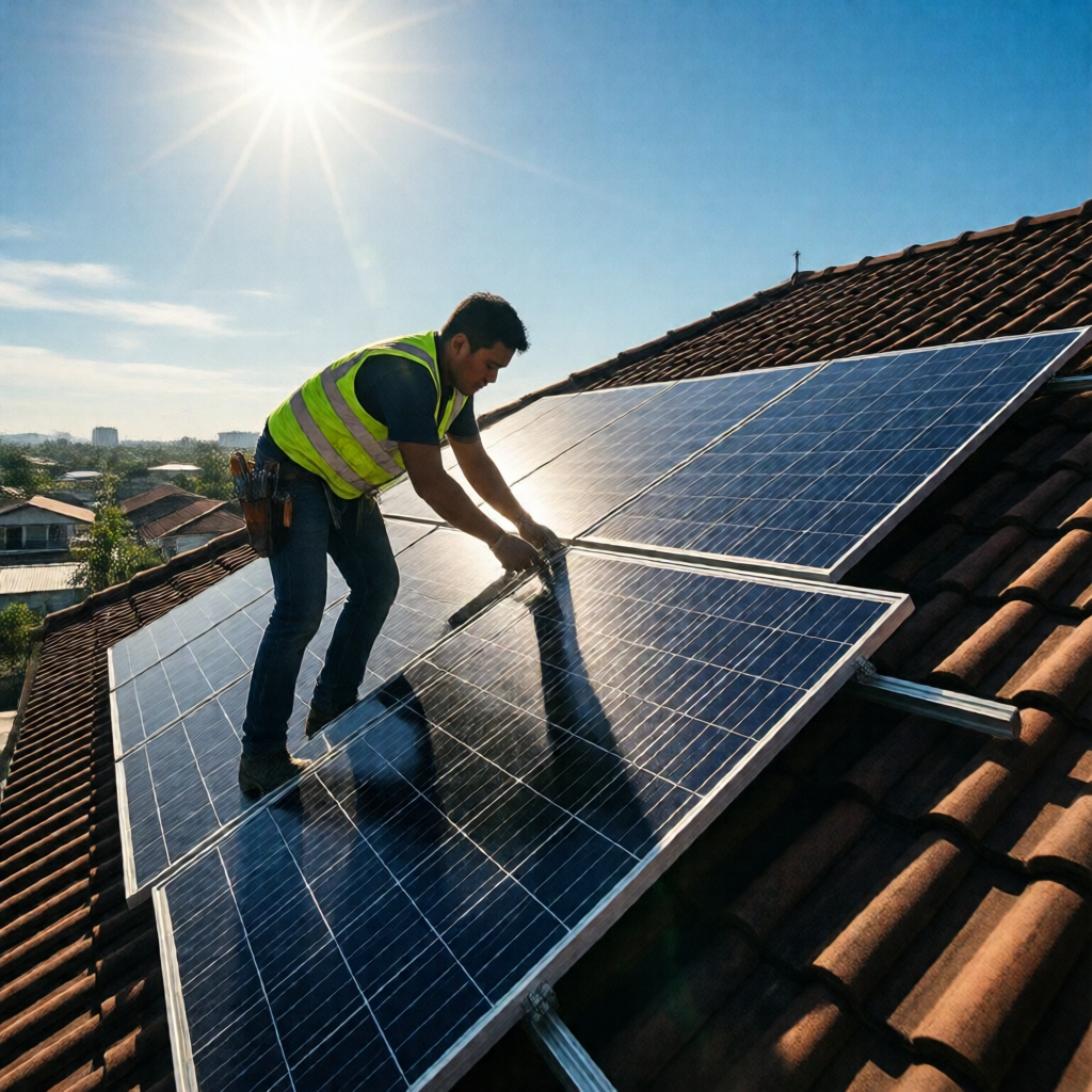 Filipino solar installer in high-visibility vest mounting monocrystalline panels on a residential pitched rooftop, vivid